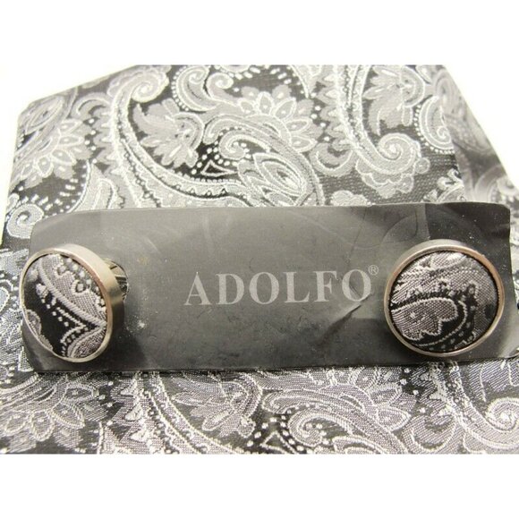 Adolfo Cufflinks Handkerchief Set Silver Tone Black Paisleys No Box - Picture 2 of 5